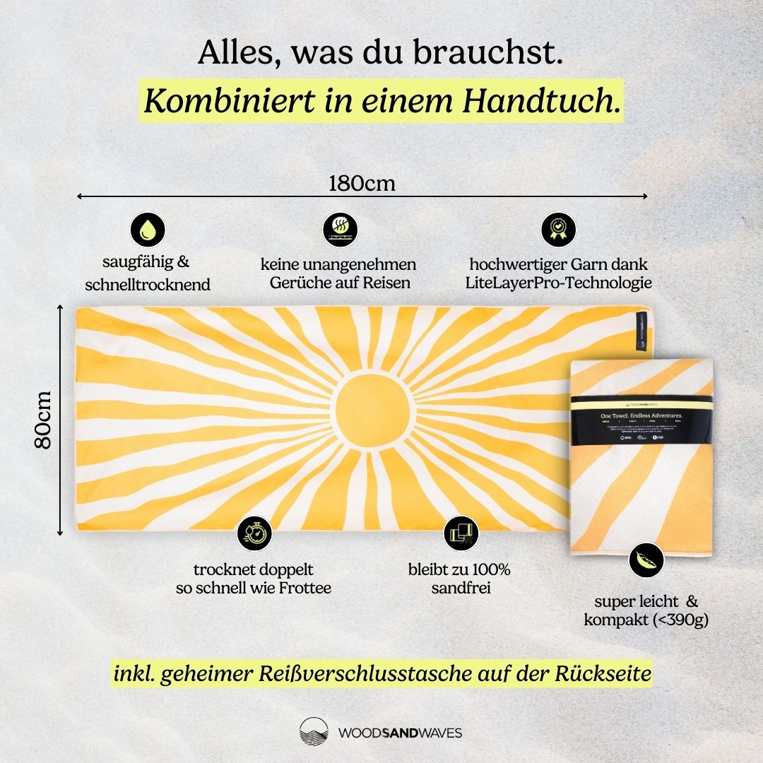 Sunshine - Sandabweisendes Strandtuch mit Geheimfach (180cm x 80cm) - WOODSANDWAVES