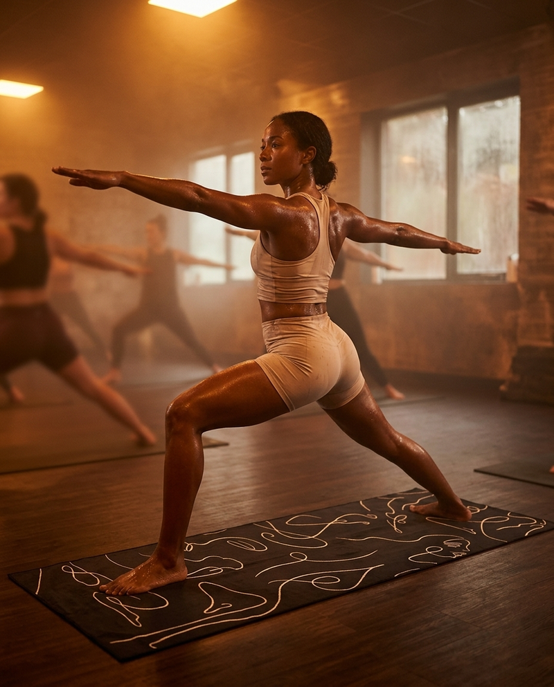 Frau im Krieger II auf einem Yoga-Handtuch im Hot-Yoga-Studio