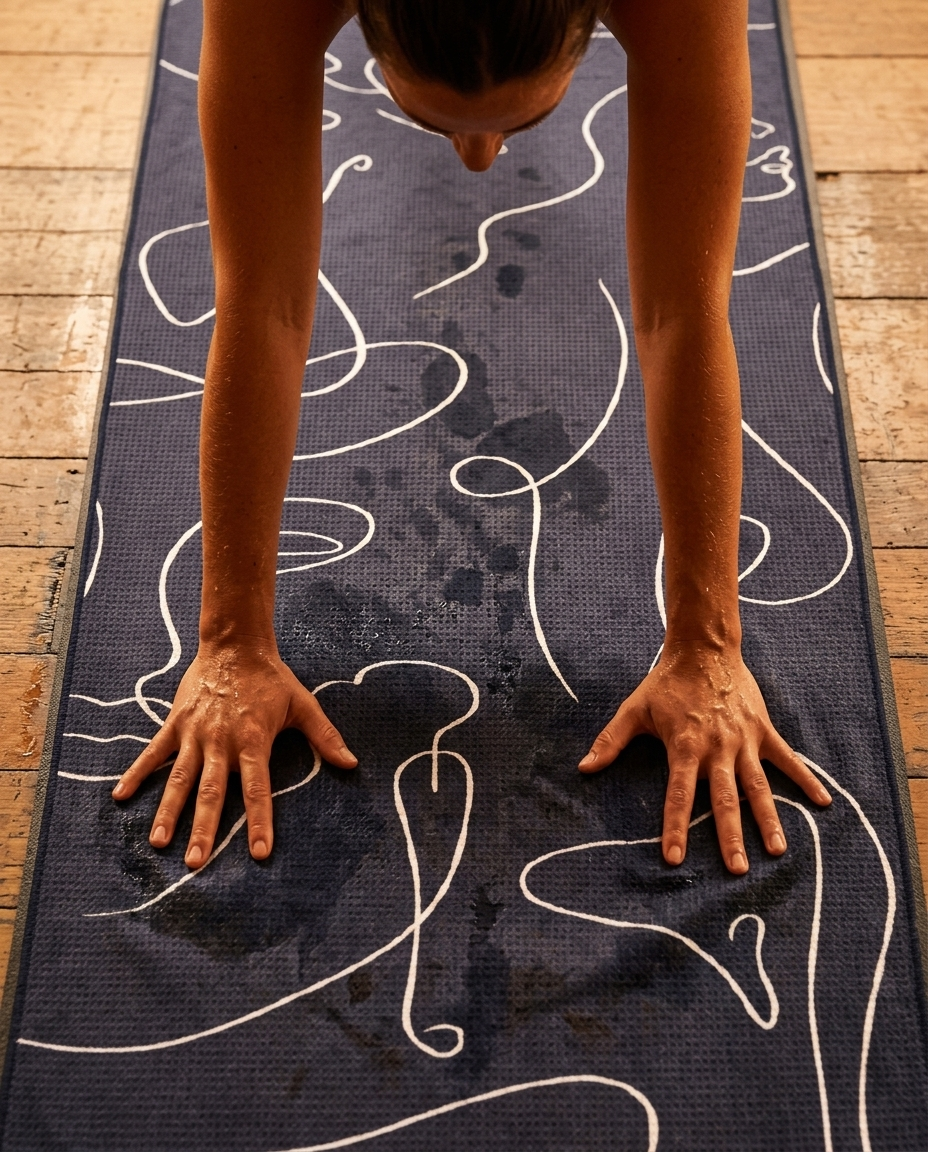 Hände im herabschauenden Hund auf einem Yoga-Handtuch im Hot-Yoga-Studio