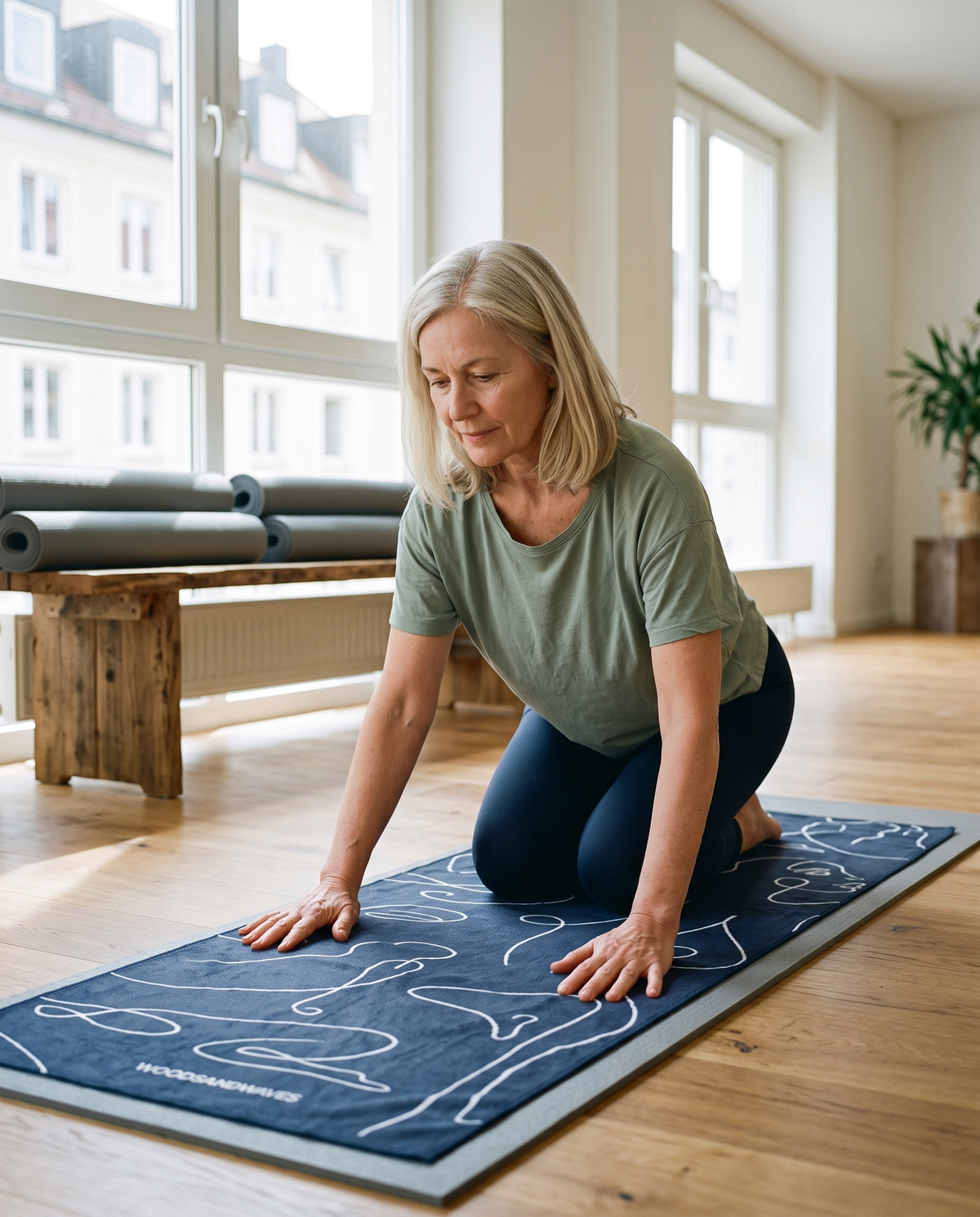 Frau um die 60 streicht ein Yoga-Handtuch auf einer grauen Studiomatte glatt