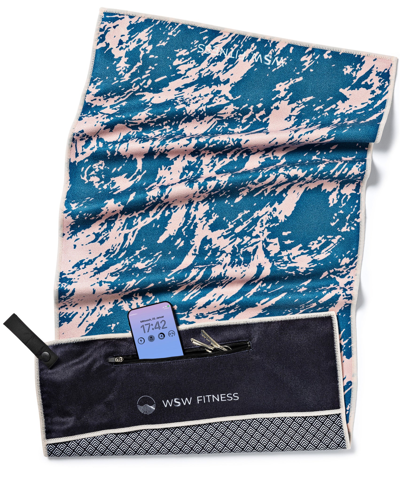 Pink Energy Flow - Sporthandtuch mit Magnet & Zipper-Tasche - WOODSANDWAVES